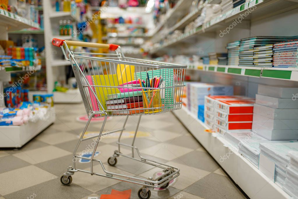 Interno di una cartoleria con scaffali colorati